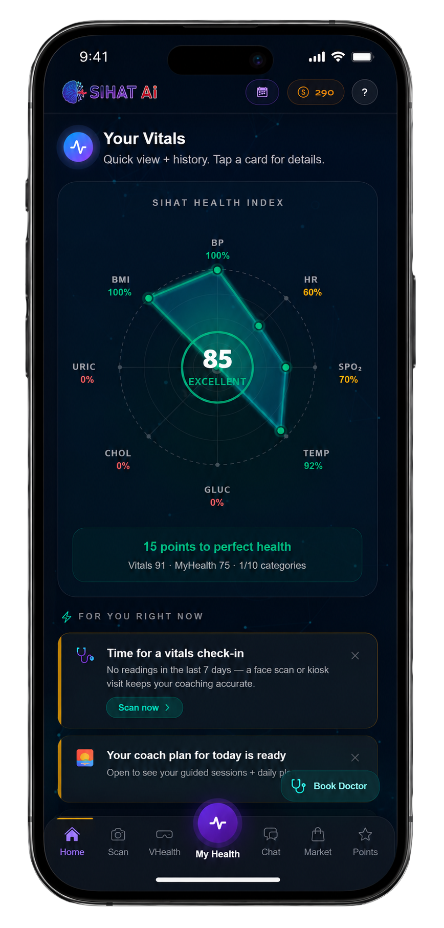 Sihat AI mobile app showing live health vitals