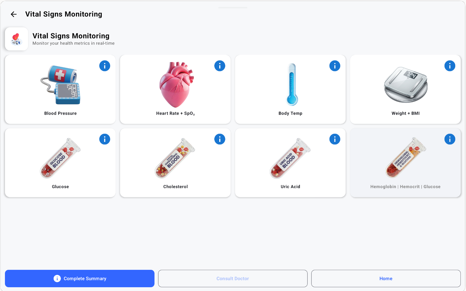 Sihat AI vital signs monitoring screen showing blood pressure, heart rate, body temperature, weight, glucose, cholesterol, and other panels